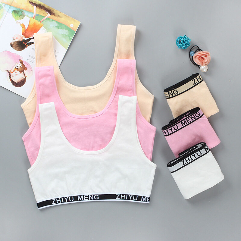 3pcs/Lot Young Girls Solid Soft Cotton Bra Puberty Teenage Breathable Underwear Kid Cloth Sports Training Bras 8-14 Years Children Teenage Kids Crop Vest Tops 