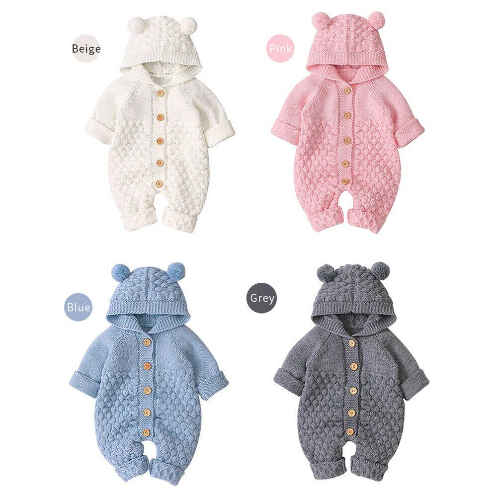 Newborn Baby Boy Girls Bear Ear Knit Romper Hooded Wool Sweater Jumpsuit Outfits