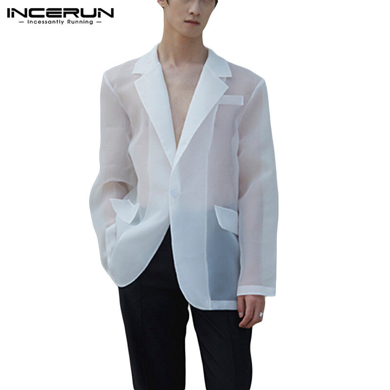 (Korea Style) INCERUN Men See Through Transparent Long Sleeve Single Breasted Blazers Club Coats