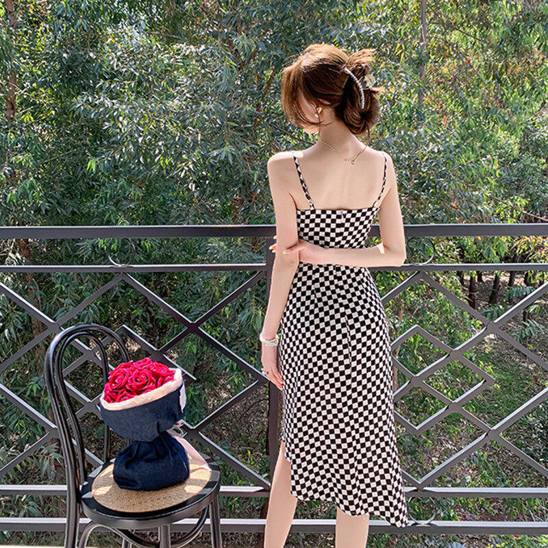 women's plaid slim design sleeveless dress