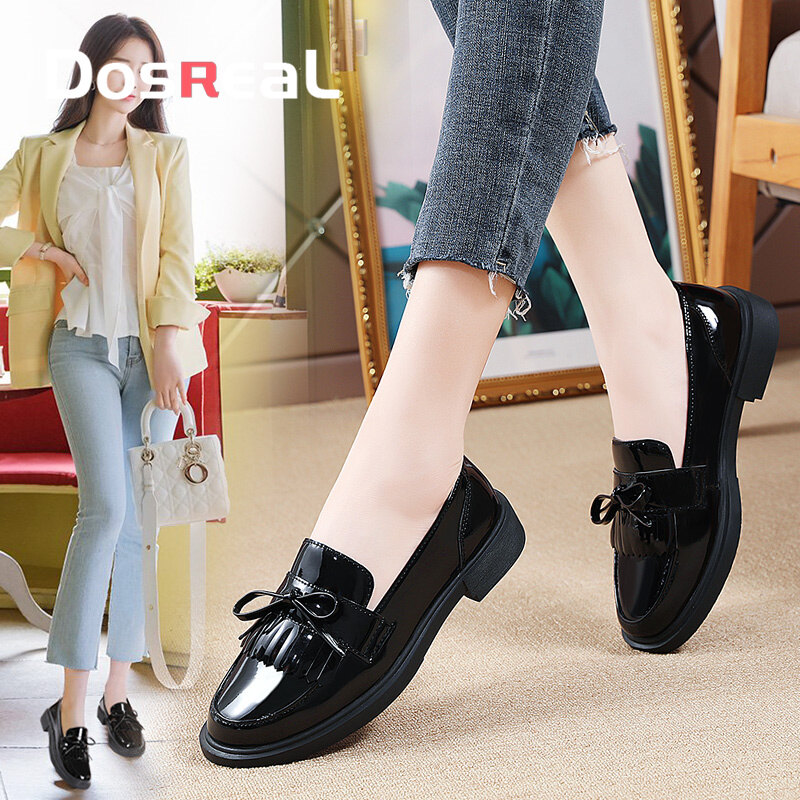 DOSREAL Oxford for Women High Quality Soft Leather Slip On Women Flats Shoes Korean Style School Shoes Black Ladies Casual Shoes