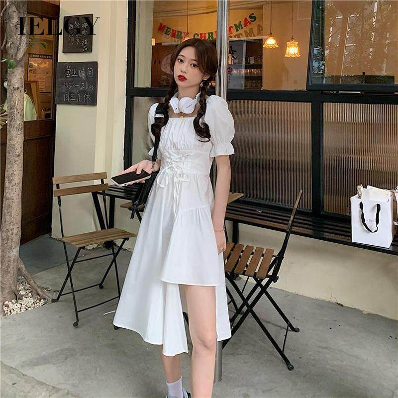 IELGY Hepburn style ins female summer design sense niche irregular puff sleeve dress