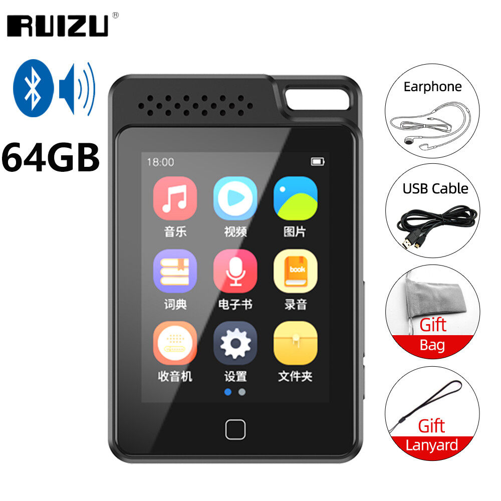 RUIZU C1 Bluetooth MP3 Player Full Touch Screen 16GB 32GB 64GB Hifi Music Player Portable Lightweight MP4 Player Built-in Speaker English Learning Device Audio Player With Recording E-Book AB Repeat Support TF Card Walkman