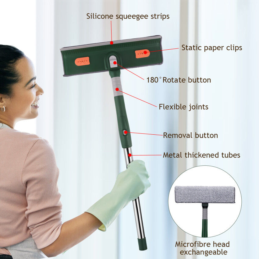 Window Squeegee Cleaner 2 In 1 Rotatable Window Cleaning Tool Kit With Extension Pole, 94‘’ Telescopic Window Washing Equipment With Bendable Head For Indoor/Outdoor Car Glass