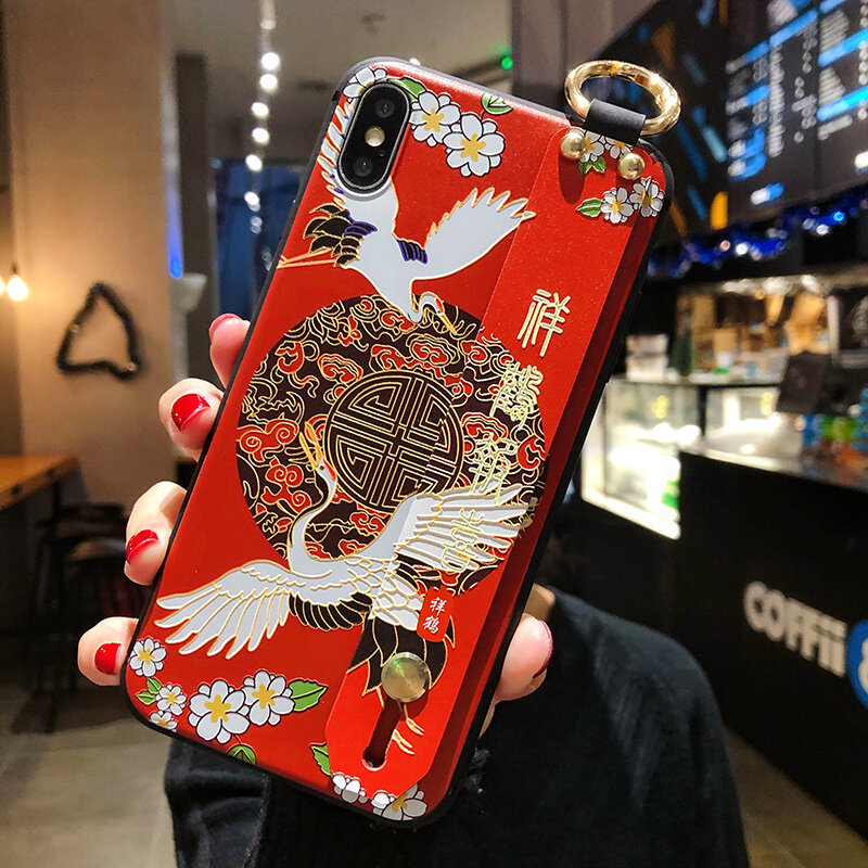 Samsung case cute china crane design samsung s22 ultra s23 ultra s21fe s21 ultra s20fe s20 ultra s20 plus s20 s10 plus s10 s9 plus s8 plus note8 9 10 pro note 20 ultra wristband with back holder phone case cover