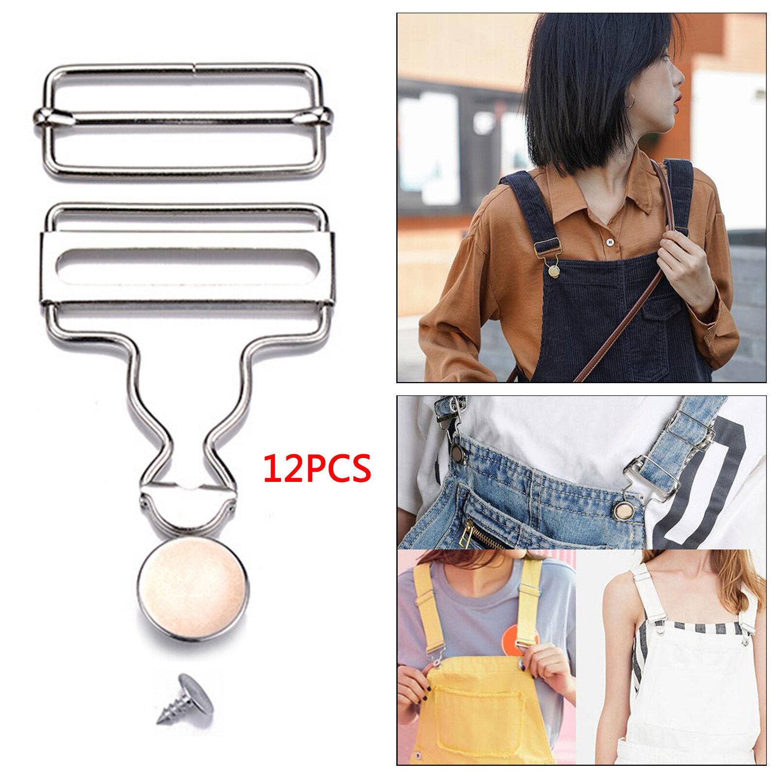 Baoblaze 12 Sets Overalls Buttoned Hooking Metal Buckles for Suspender Jeans DIY Sewing Clothing Craft Handmade Jeans Accessories (Silver Color)