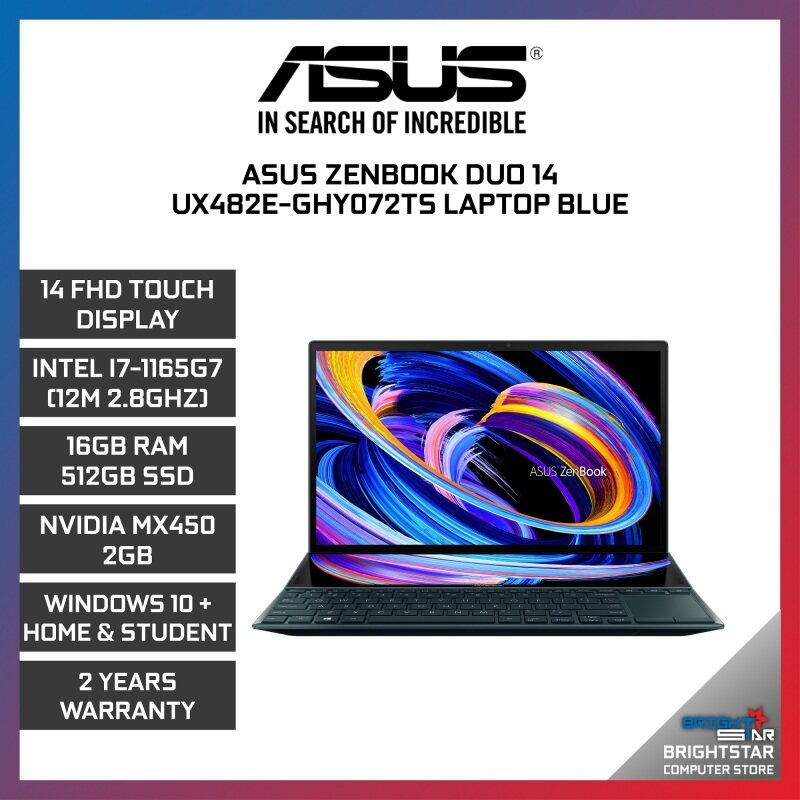 ASUS ZenBook UX482E Laptop (14 Inch FHD Touch Screen | Intel Core | I7-1165G7 (12M 2.8GHZ) | 16GB RAM | MX450 2GB | Windows 10 + Microsoft Office Home & Student | 2 Years Warranty) Malaysia