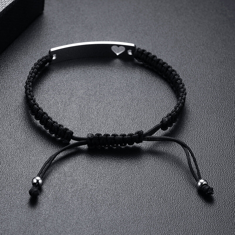 Vnox Customized Personalized Engrave ID Name Date Women Men Braided Rope String Bracelet Charm Hollow Heart Mother Girlfriend Gift