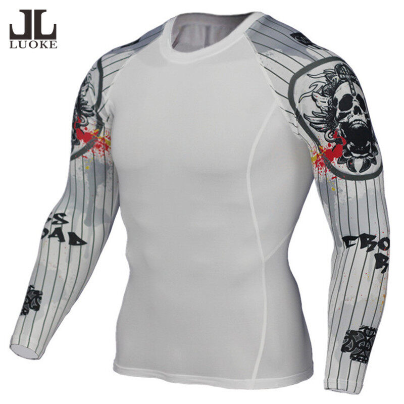 Luoke Long Sleeve Round Neck Men's compression Quick dry Tights Flower arm Fitness T-shirt Tracksuit Sport Clothing