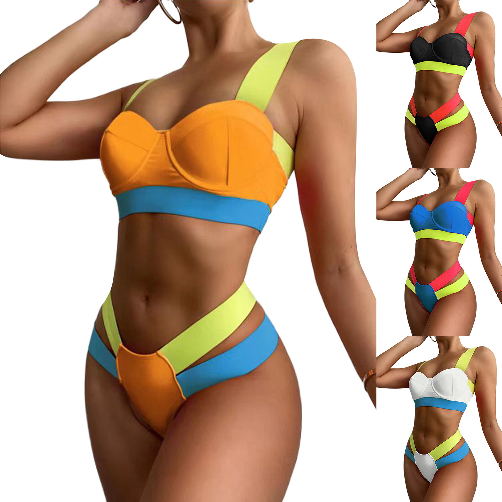 Happybuyner Costume da bagno bikini estivo a due pezzi da donna, colore a contrasto, fasciatura, spalline larghe, reggiseno con ferretto_voghion.com