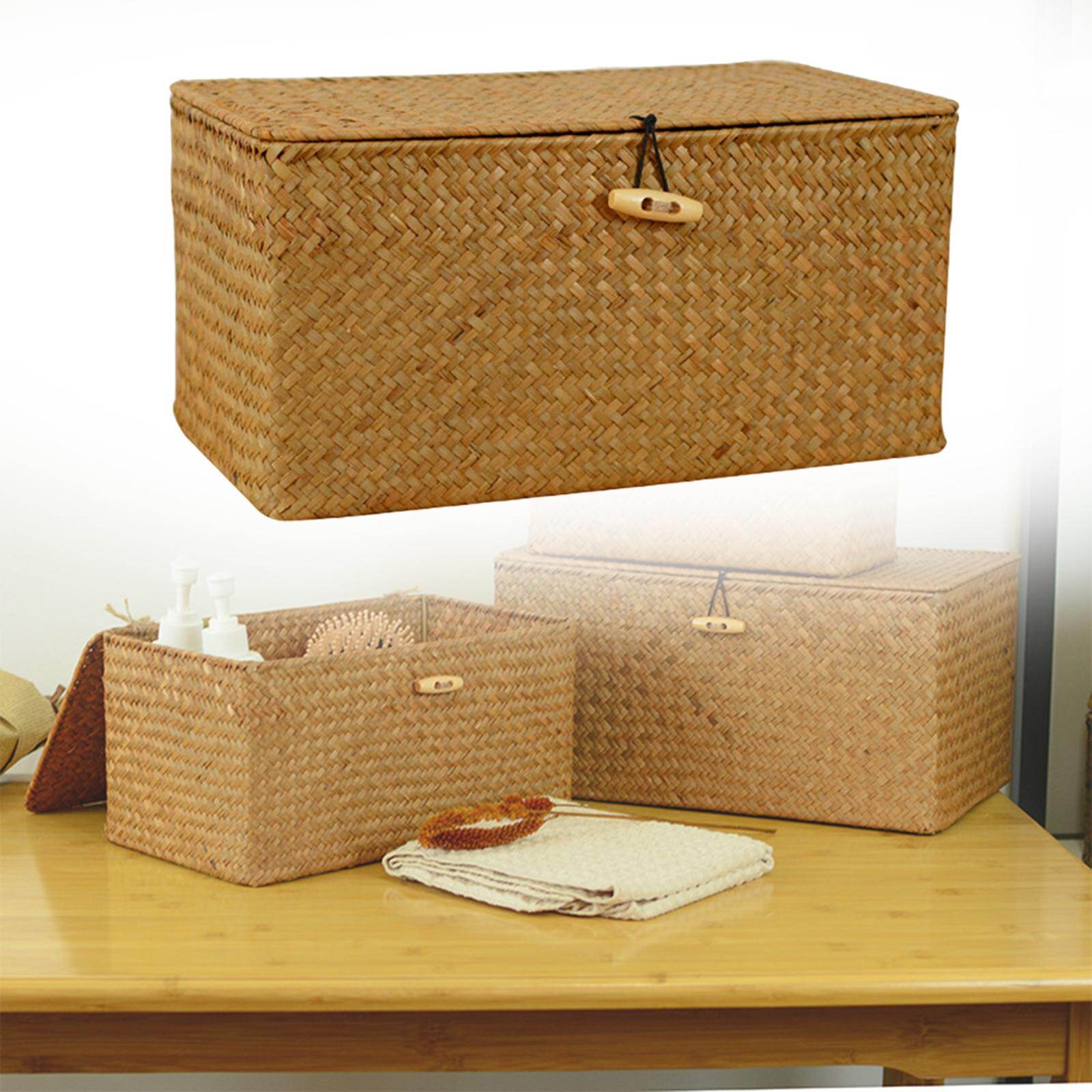 Baoblaze Wicker Baskets with Lids, Nautral Seagrass Storage Baskets, Woven Rectangular Basket Bins, Rattan Storage Organizer for Shelf