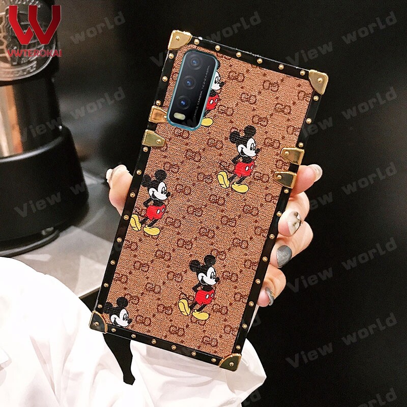 Fashion Leather Square Mickey Case for VIVO Y20S/Y12S Y35 Y16 Y22 Y02S T1 V25 Plating Border Soft Silicone Anti-fall Back Case Cove