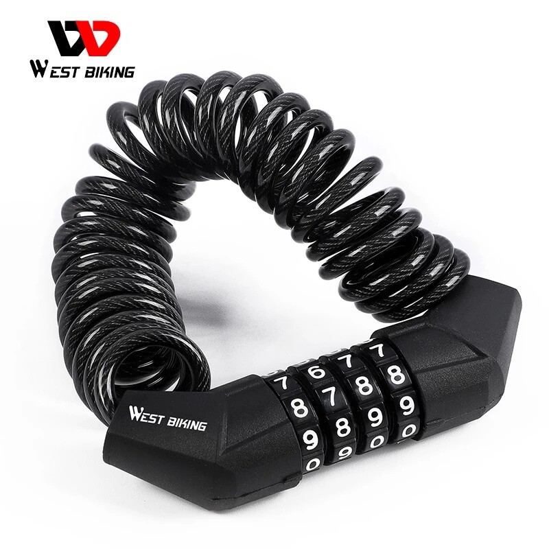 West Biking Steel Bicycle Helmet Lock Anti-theft 4 Digit Password Bicycle Bike Lock Scooter Bike Cycling Helmet Mini 1.5 Meters Lock