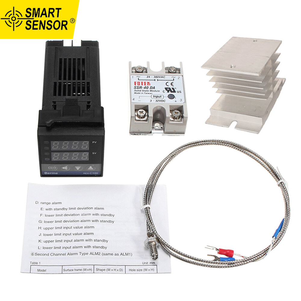 Smart Sensor REX-C100FK02-V*AN Intelligent Temperature Controller SSR Output + SSR-40 DA + K Probe Thermocouple + Heatsink