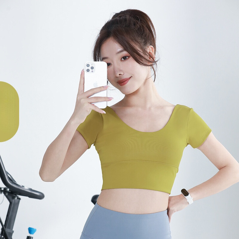 SUPERFLOWER Short Sleeves T-shirt with Bra Padding Running Slim Yoga Sports Short Tops for Women_voghion.com