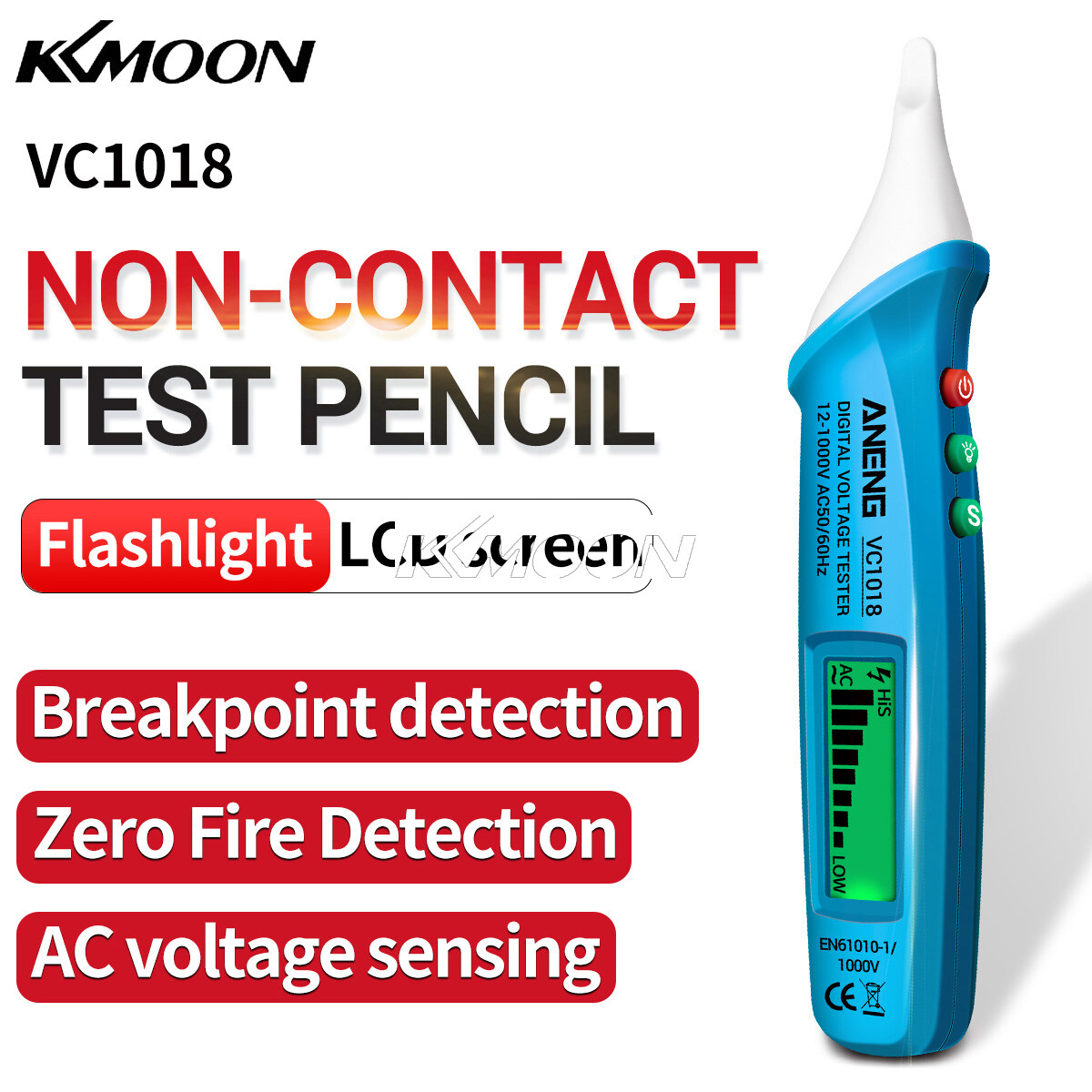 KKmoon ANENG VC1018 Non-contact LCD Digital Voltage Tester 12V-1000V Multifunctional Pen Tester AC/DC Voltage Detector Electric Continuity Battery Test Pencil with Sound Light Alarm