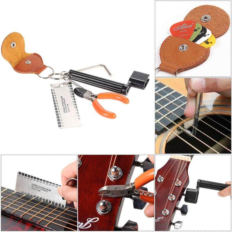 5-in-1 Guitar Accessories Kit Tool Set Setup String Winder Bridge Pin Peg Puller + String Action Gauge Ruler Measuring Luthier + String Plier Nipper Cutter + Pick Case Plectrum Holder + Hexagon Wrench