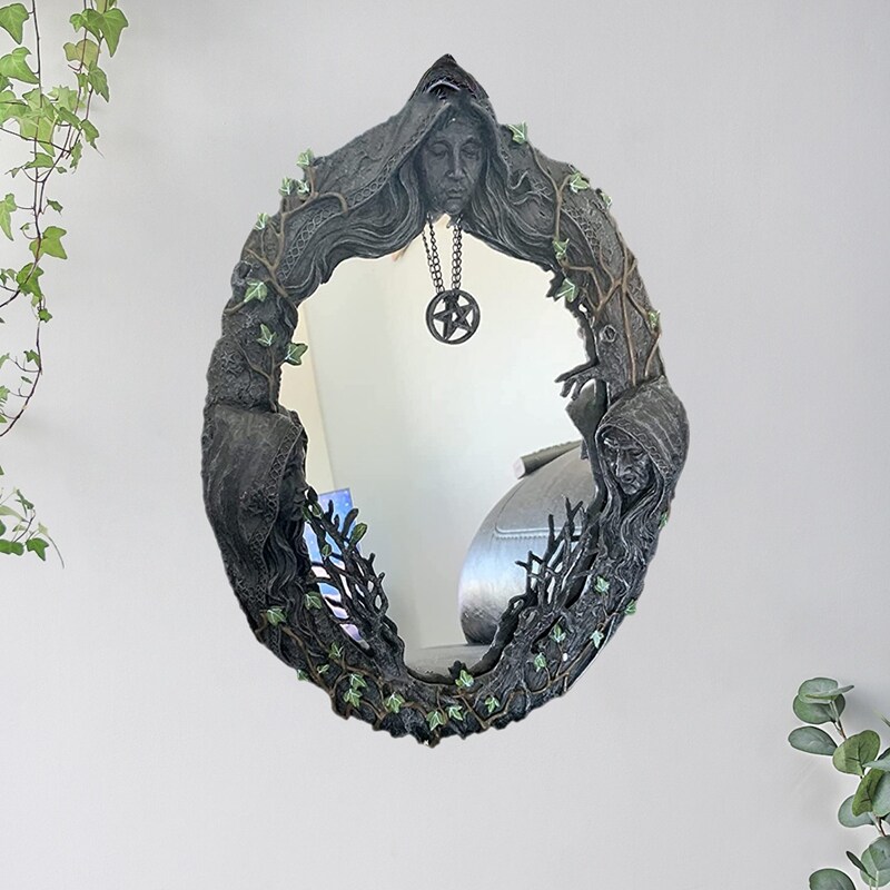 Triple Moon Goddess Wall Mirror Trinity Wall-Mounted Mirror with Five-Pointed Retro Hanging Mirror