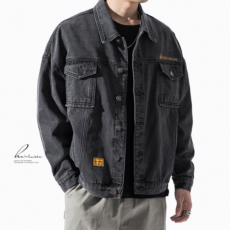 Blue Denim Pockets Jacket Spring and Autumn Japanese Denim Jacket Male Korean Version Trend Student Wild Loose Overalls Coat