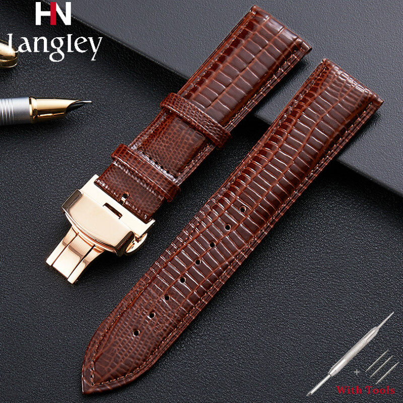 zhangeer 16 18 20 22mm Width Lizard Style Watch Band High Quality Genuine Leather Strap Crocodile Pattern with Double Press Butterfly Button
