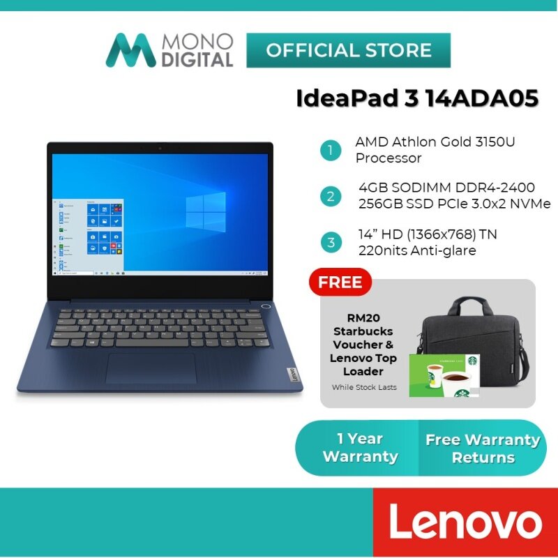 Lenovo IdeaPad 3 14ADA05 14 Laptop Notebook AMD Athlon 3150U/ 4GB DDR4 2400Mhz RAM/ 256GB NVMe PCIe SSD/ Windows 10(81W000RWMJ) (Free RM20 Starbucks & Lenovo Top Loader) Malaysia