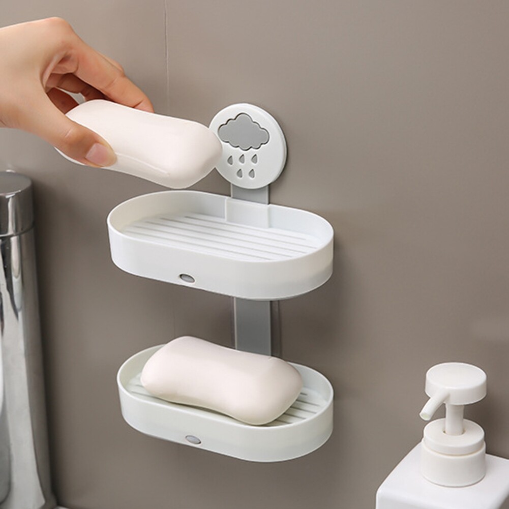 Terylin 2-layer Cute Cloud Punch Free Soap Storage Box Draining Rack Bathroom Organizer