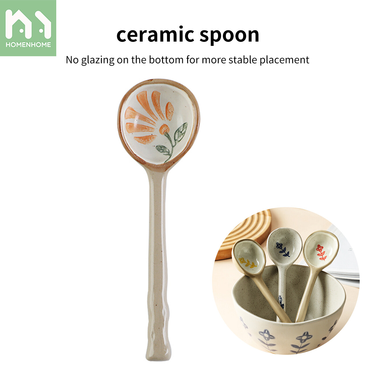 Homenhome Ceramic Spoon Multi-Function Chinese Style Scoop Porridge Spoon Tableware Soup Spoon For Home Restaurant