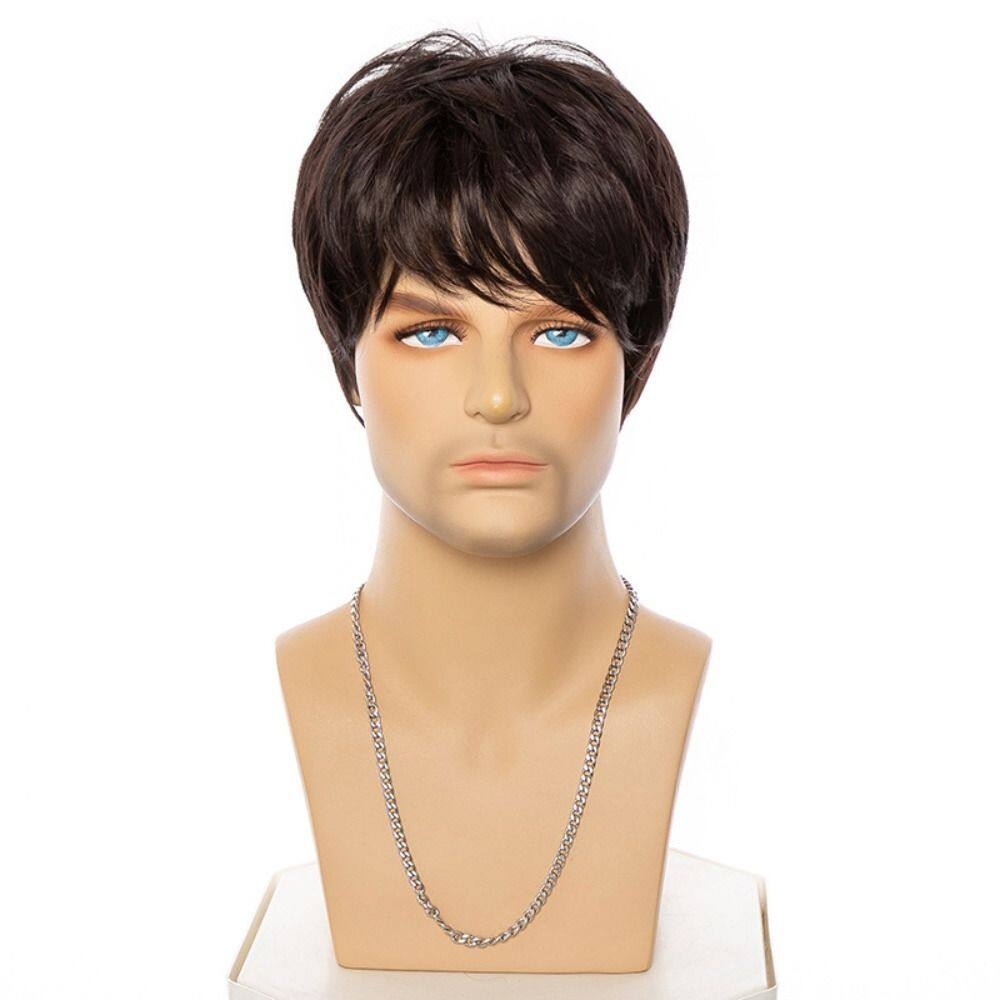 SHINA70 Invisible Daily False Black Young White Men Heat Resistant Fiber Brown Layered Haircut Male Halloween Cosplay Nightclub Bar Wig Men Short Straight Wig Synthetic Hair Ombre Grey Wigs