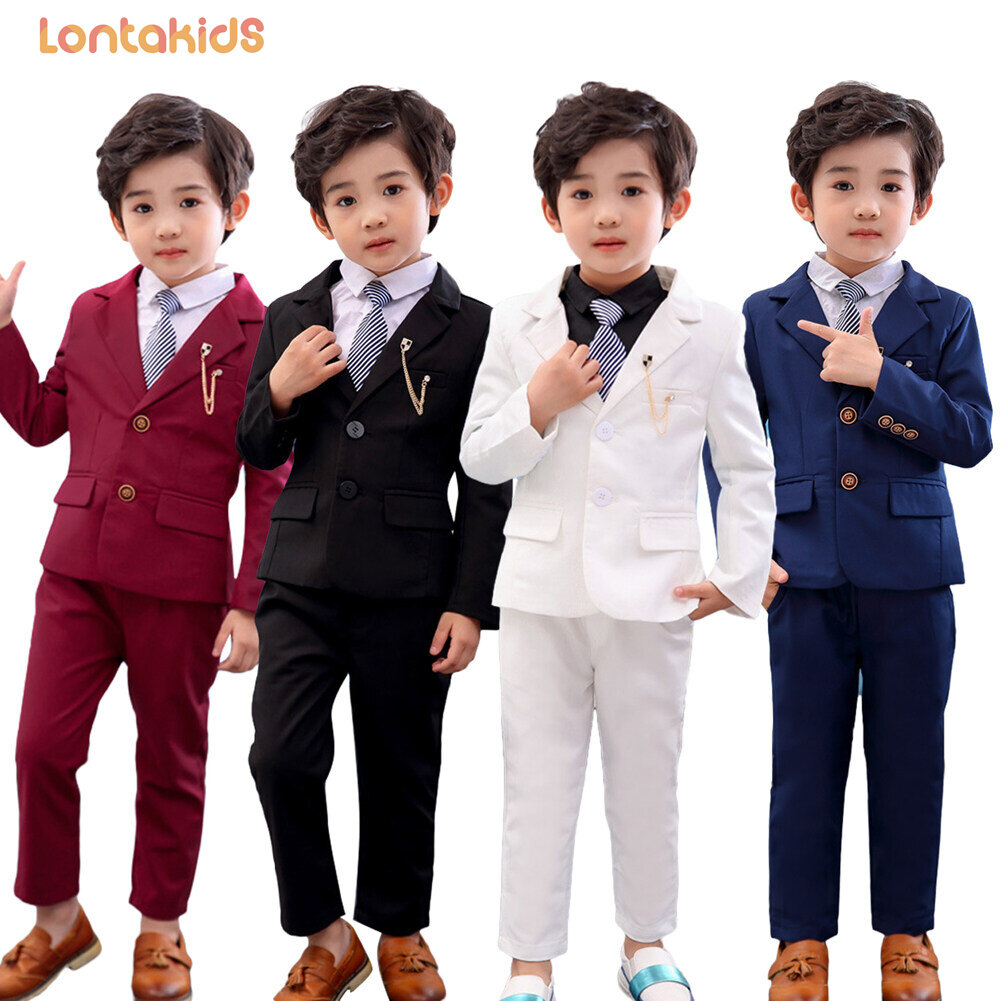 lontakids 2Pcs Kids Boys Formal Set Jacket Coat + Pants Children Long Sleeve Blue Red White Coat Formal Suit Birthday Party Competition Speech Wedding Clothing