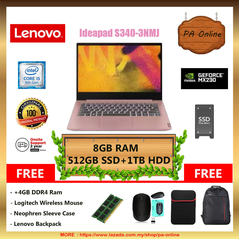 Lenovo Ideapad S340-14IWL 81N7003LMJ -Intel Core i5-8265u/8GB (Max 20GB RAM) /512GB SSD+1TB HDD/2GB NVD MX230 /14 Full HD/Win 10/2 Years Malaysia