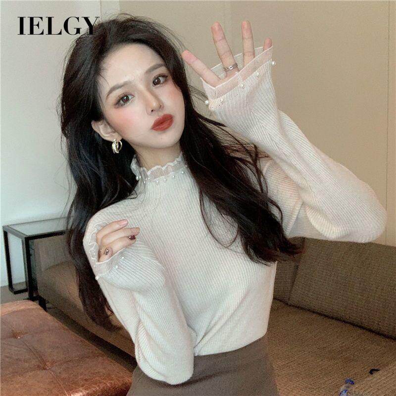 IELGY women's design pearl lace half turtleneck long sleeve sweater