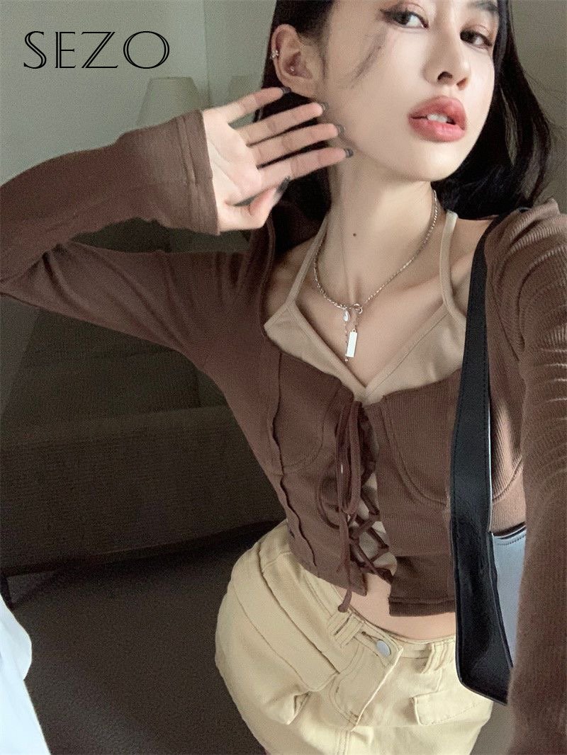 SEZO Áo Thun Nữ Dài Tay Cổ Ngắn Hàn Quốc