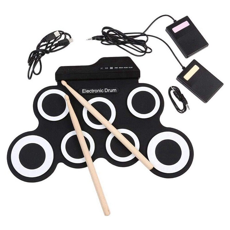 Digital Electronic Roll Up Drum Pad Set Kit - Portable Silicone USB 7 Pads with DrumSticks Foot Pedal Headphone Jack