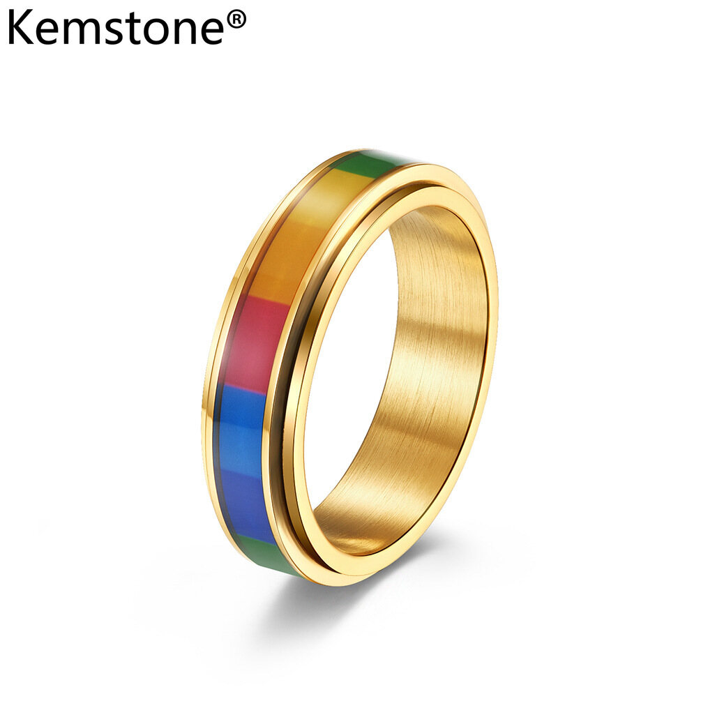 Kemstone Rotatable Spinner Stainless Steel Rainbow Multicolor Black Gold Silver Plated Male Ring Jewelry Gift for Men Women