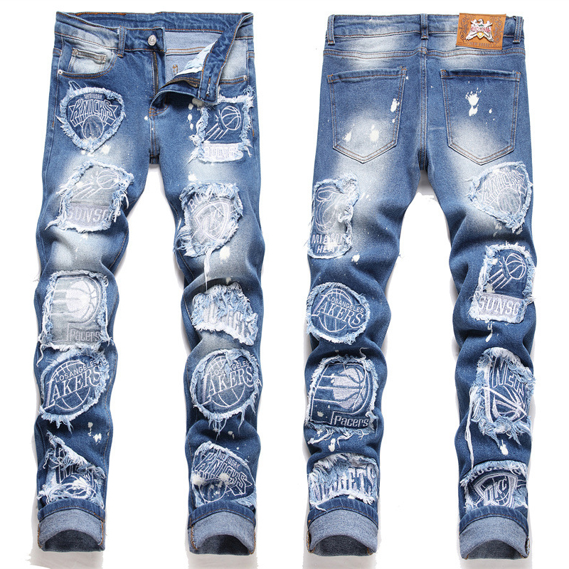 Men Patchwork button Skinny Biker letter embroidery Print Jeans for men Slim Fit male Denim Pants High Quality Hip Hop Blue Jeans for man 2023