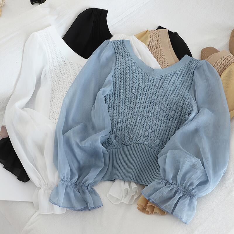 Women's knit Sweaters&Jumpers Autumn New Fashion Korean V-neck Loose Pullovers Chiffon Lantern Sleeve Top Sweet Bottoming Shirt
