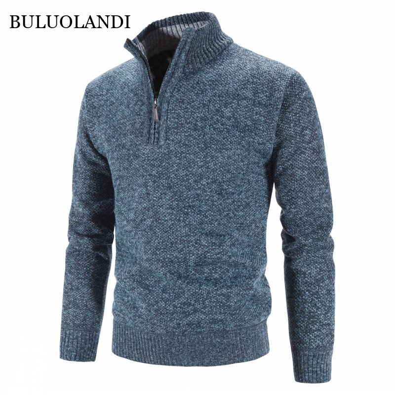 BULUOLANDI Autumn Winter Mens Casual Sweater Men Stand Collar Fleece Sweater Male Zip Knit Slim Fit Knitted Pullover