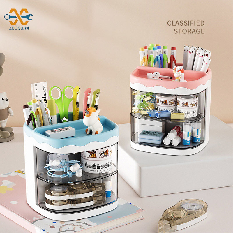 Creative Cartoon Multi grid Drawer Penholder Student Cornetto Function Box with Grid Storage Box Girl Heart Desktop Stationery Box