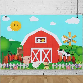 Cartoon Farm Animals Photography Backdrop Red Barn Barnyard Baby