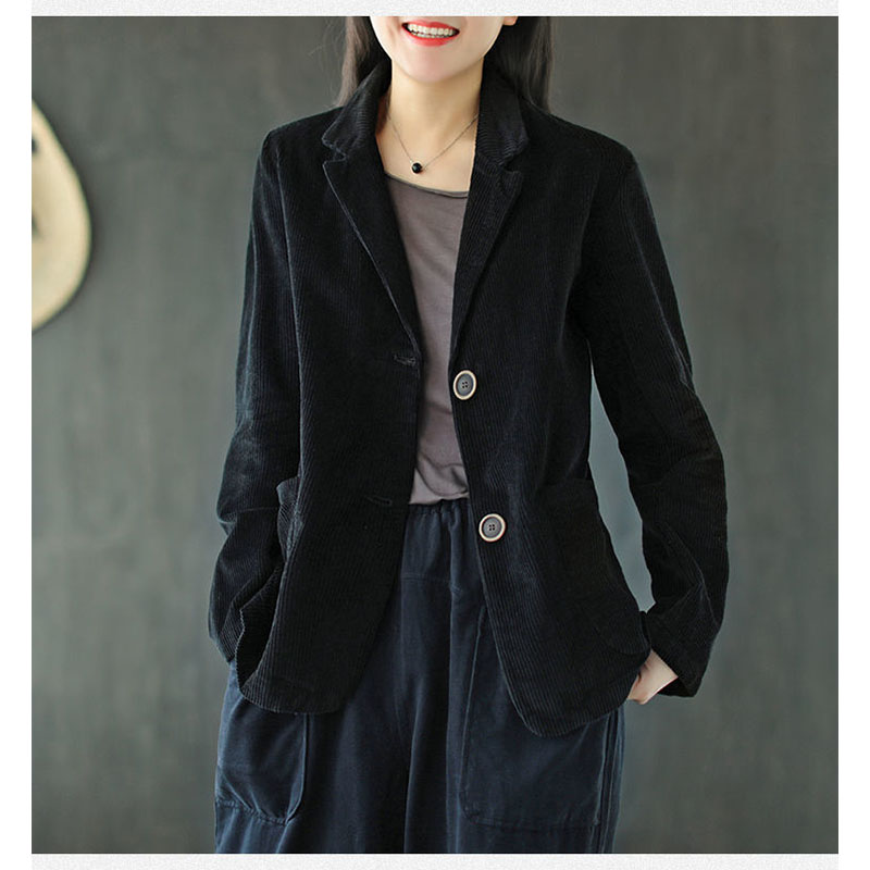 【SW】Corduroy Phù Hợp Với Cổ Áo Áo Khoác Cổ Điển Có Túi Dài Tay Màu Trơn