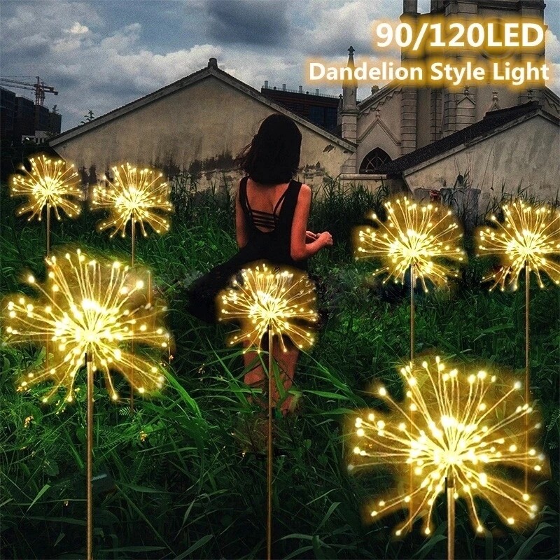【lightingeverthing】Solar Powered Outdoor Grass Globe Dandelion Fireworks Lamp Flash String 90 /120/150 LED For Garden Lawn Landscape Holiday Light