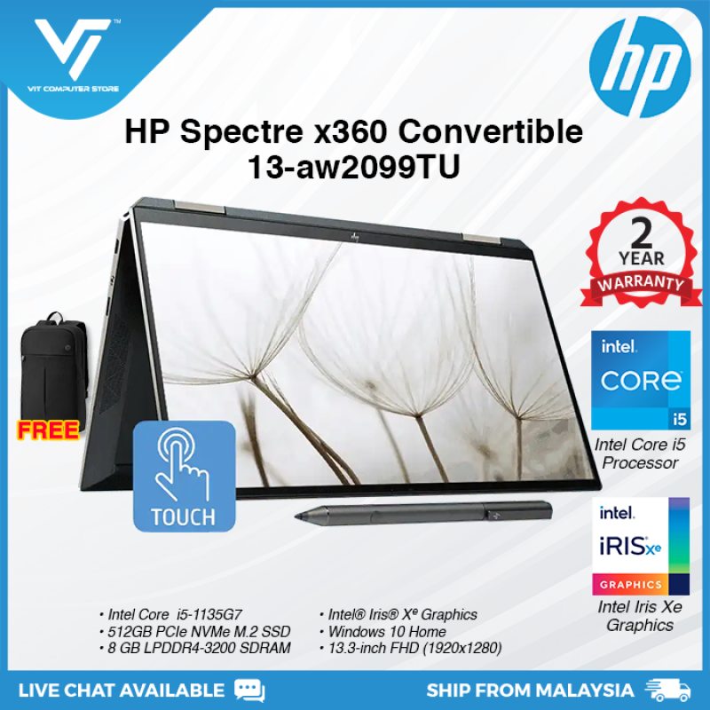 HP Spectre x360 Convertible 13-aw2099TU (Intel Core i5-1135G7, 8GB RAM, 512GB SSD, Intel Iris, 13.3 FHD, Win10, OPI, Poseidon Blue) Malaysia