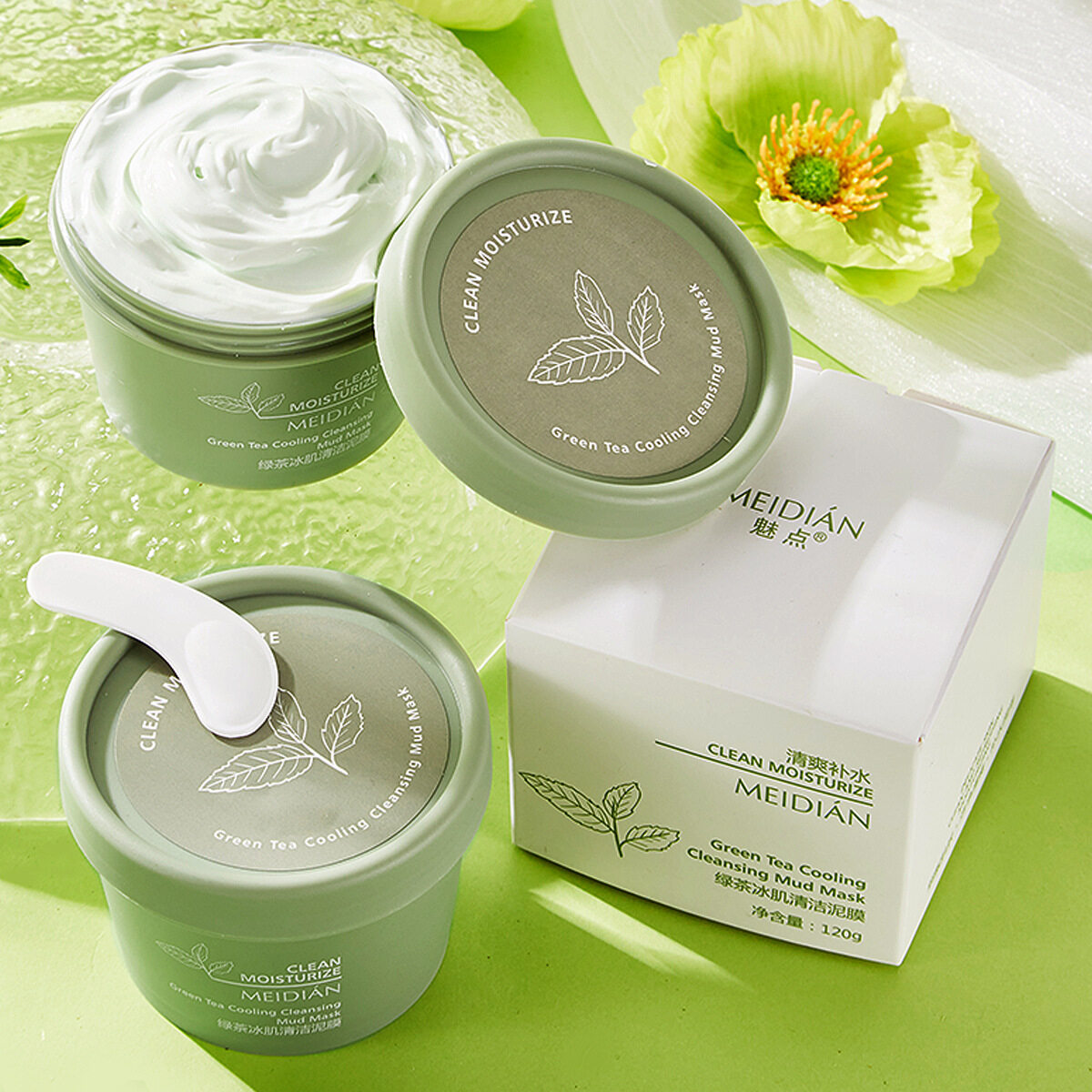 Trà xanh Làm sạch da mặt nạ đất sét trắng mặt nạ trà xanh loại bỏ mụn đầu đen thu nhỏ lỗ chân lông làm sạch mặt nạ đất sét màu xanh lá cây kiểm soát dầu loại bỏ mụn đầu đen