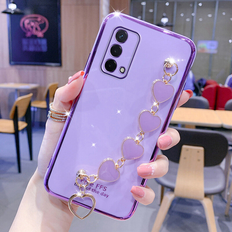 Precise camera protection case for OPPO A74 4G / OPPO A74 5G / OPPO A95 Casing Girly style plating Anti-drop cases with Cute love pattern bracelet