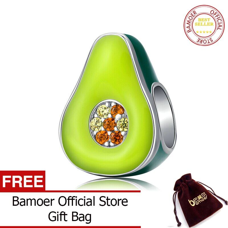 BAMOER 925 Sterling Silver Jewelry Green Enamel Avocado Fruit Charm for Original Silver Bracelet 3mm Women Jewelry Making BSC129