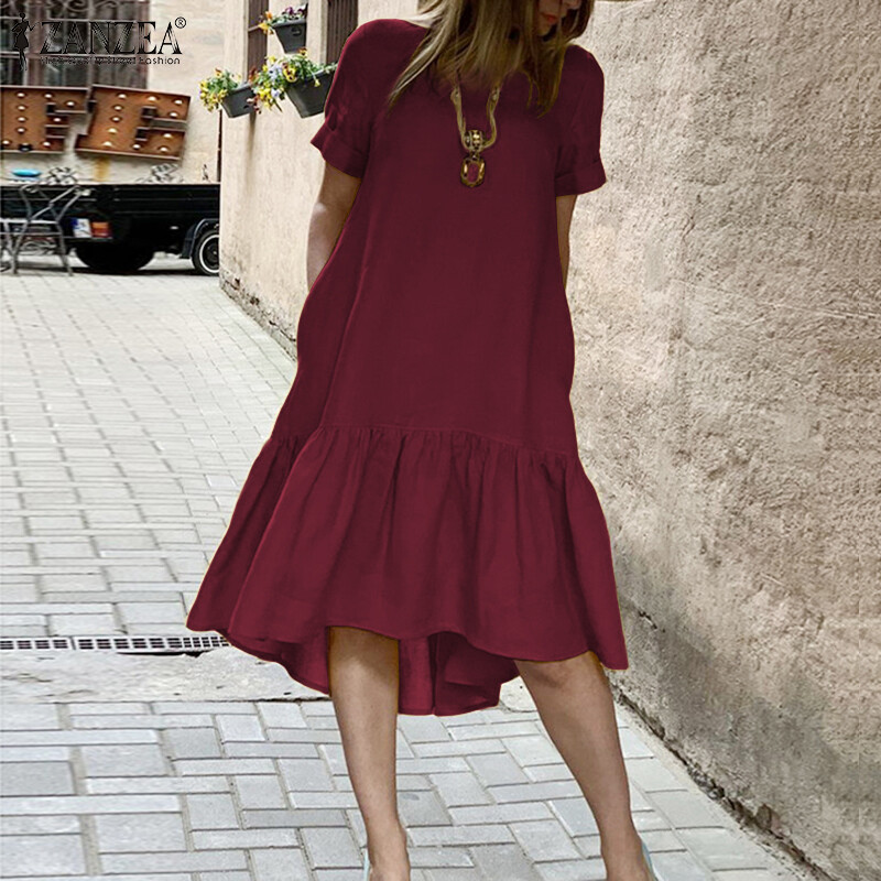 ZANZEA Women Casual Cotton Beach A Line Dress Baggy Solid Asymmetrical Hem Dresses Plus