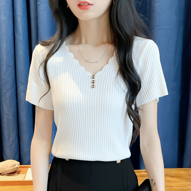 น้ำแข็งผ้าไหมสั้นเสื้อยืดผู้หญิง2021ฤดูร้อนใหม่หลวมแขนสั้นเกาหลีปุ่ม ...