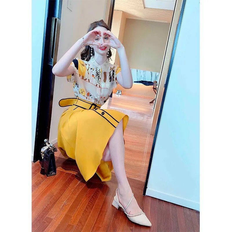 2023 New design printed stand-up collar shirt overskirt online celebrity two-piece suit