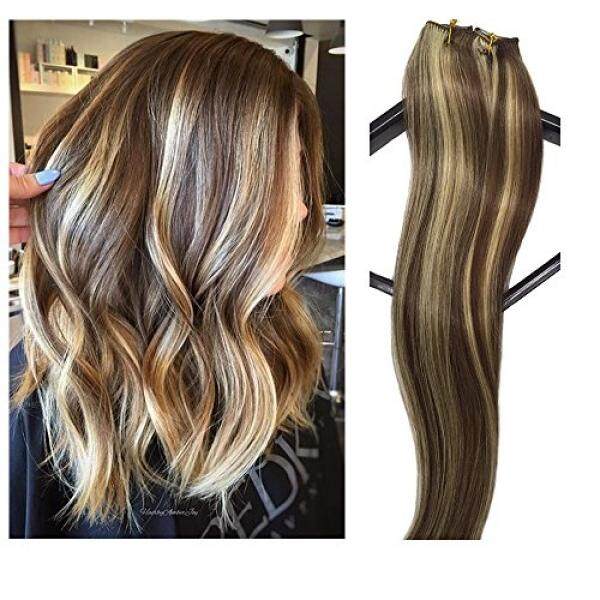 Klip Di Rambut Extensions Human Rambut 7 Pcs 70G Cokelat dengan Blonde Highlights Silky Lurus Weft Remy Rambut Asli -Internasional
