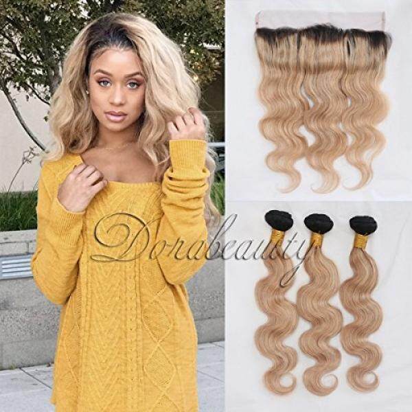DoraBeauty 8A Peruvian Virgin Human Hair Bundles with Lace Frontal Closure 13×4 Ombre 2 Tone Natural Black Honey Blonde #1B/27 Dark Roots Body Wave Free Part Pre Plucked with Baby Hair 14+16 18 20 - intl
